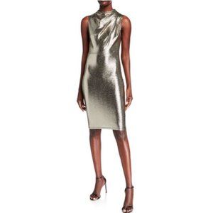 Black Halo: Corrine GOLD oiled Jersey Sheath dress SIZE: 10 (fits like an 8)